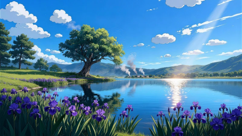 Japanese Anime Lakeside Landscape 8K Desktop Wallpaper