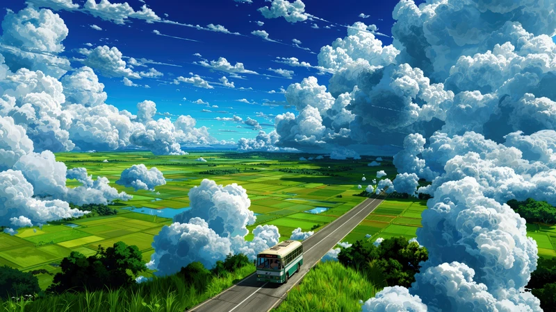 Anime Style Rural Road with Bus 4K Desktop Wallpaper