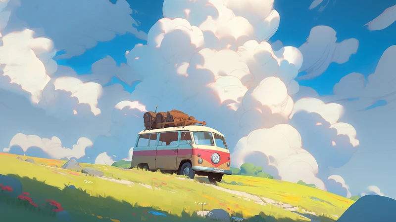 Anime-Style Van on Hillside 4K Desktop Wallpaper
