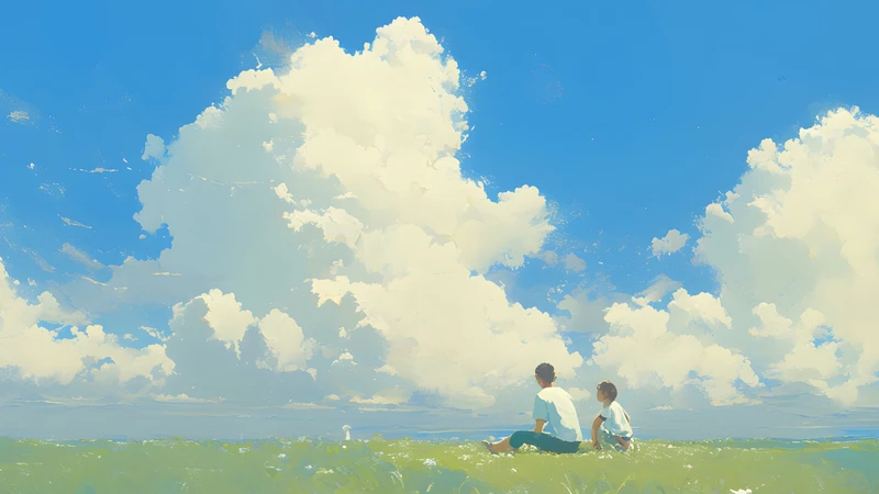 Ghibli Style Grass Field Clouds 8K Ultra HD Desktop Wallpaper