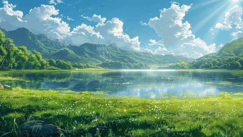 Japanese Anime Lake Landscape 8K Ultra HD Desktop Wallpaper