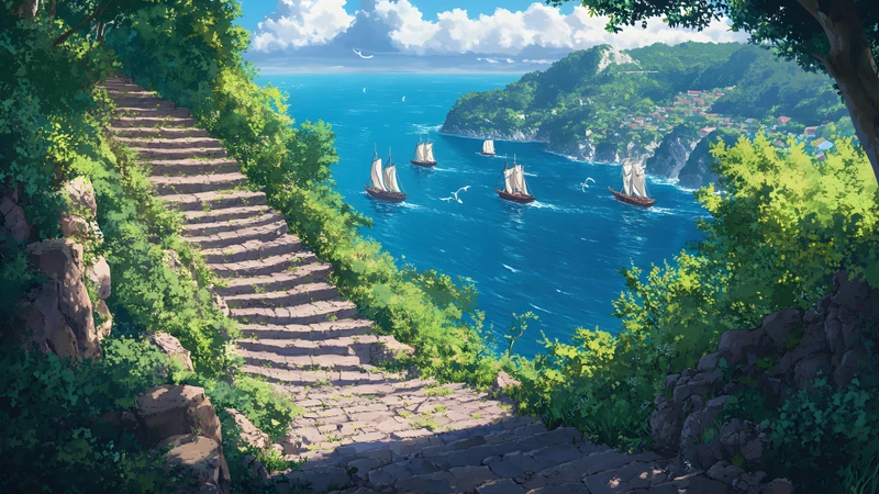 Japanese Anime Seaside Stone Stairs 8K Ultra HD Desktop Wallpaper
