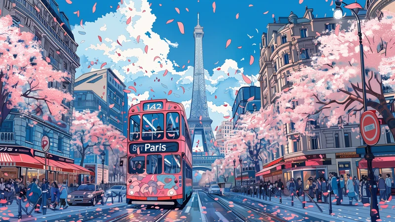 Paris Cherry Blossom Street Scene 8K Desktop Wallpaper