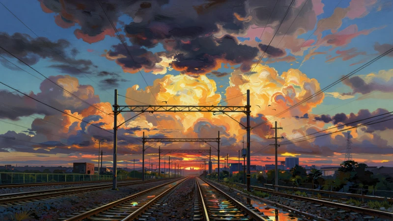 Anime Railway Sunset 8K Ultra HD Desktop Wallpaper