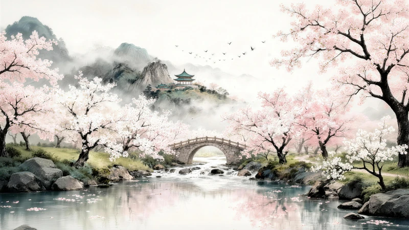 Chinese Style Cherry Blossom Stream 8K Desktop Wallpaper