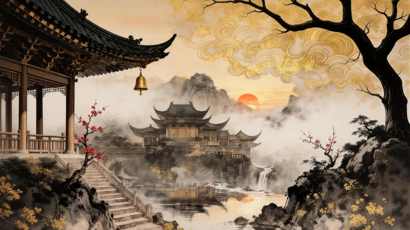 Chinese-Style Ancient Pavilion Sunset 8K Desktop Wallpaper