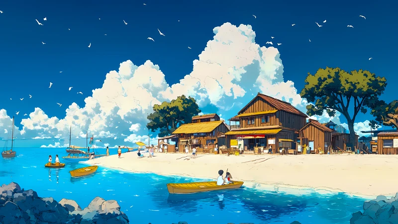 Anime Coastal Village 4K Desktop Wallpaper