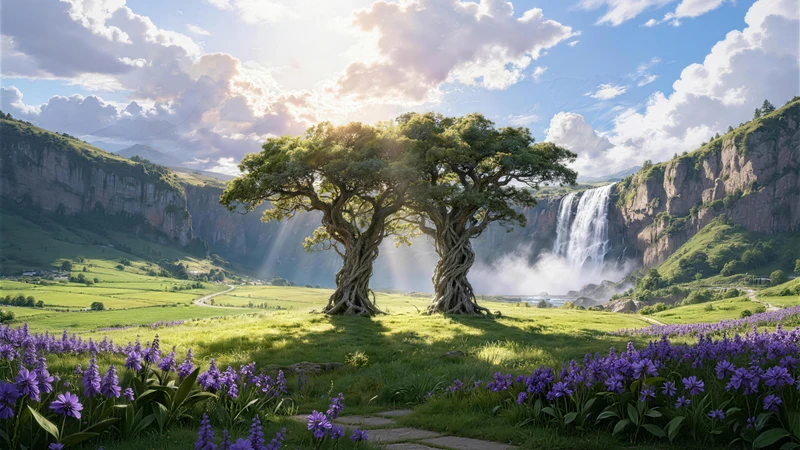 Fantasy Valley Twin Trees 8K Ultra HD Desktop Wallpaper