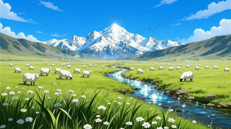 Studio Ghibli-style草原雪山 8K desktop wallpaper