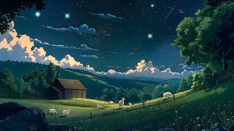 Miyazaki-Style Night Sky Pasture 8K Desktop Wallpaper