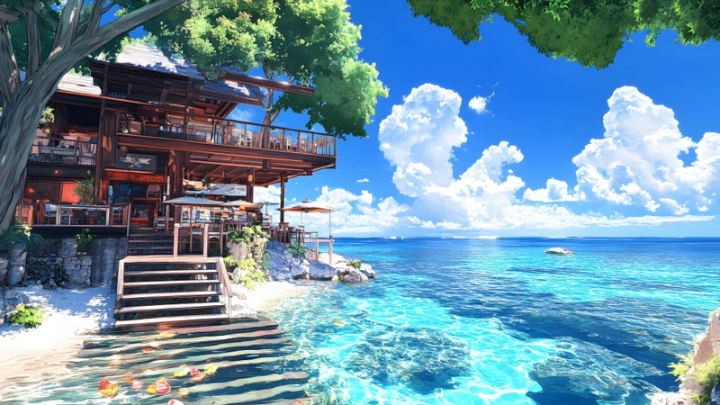 Japanese Seaside Wooden House 8K Desktop Wallpaper