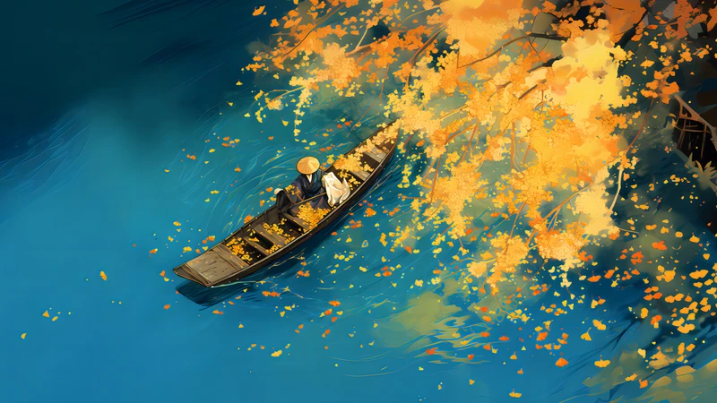 Oriental-Style Autumn Maple Leaves and Small Boat 8K Desktop Wallpaper