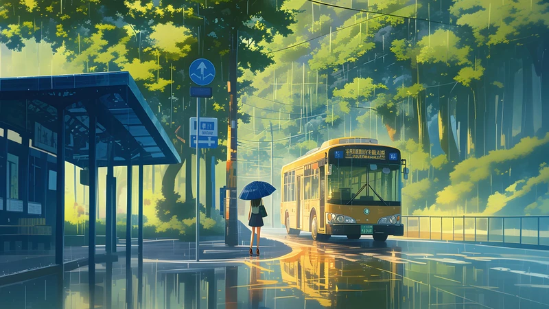 Anime Rainy Bus Stop 8K Ultra HD Desktop Wallpaper