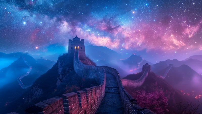 Chinese Great Wall Starry Night 8K Ultra HD Desktop Wallpaper