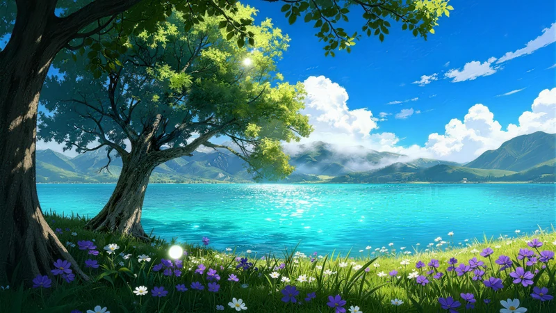 Japanese Anime Lakeside Landscape 8K Ultra HD Desktop Wallpaper