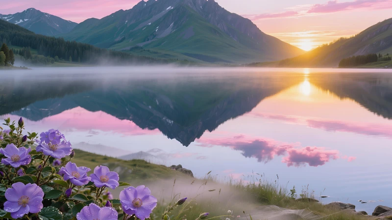Mountain Lake Dawn 8K Ultra HD Desktop Wallpaper