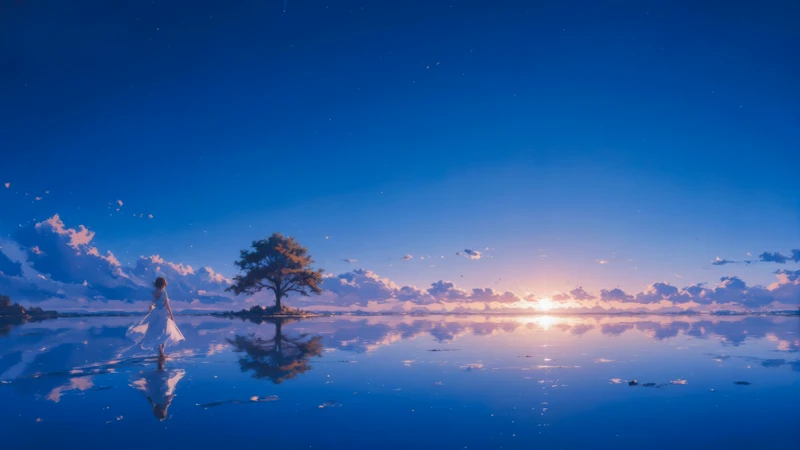 Anime Sunset Lake Reflection 4K Desktop Wallpaper