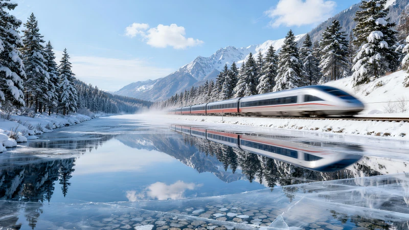 Nordic Snowy Landscape High-Speed Train 8K Ultra HD Desktop Wallpaper