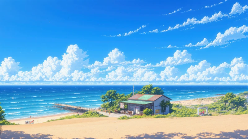 Anime Coastal Beach House 4K Desktop Wallpaper