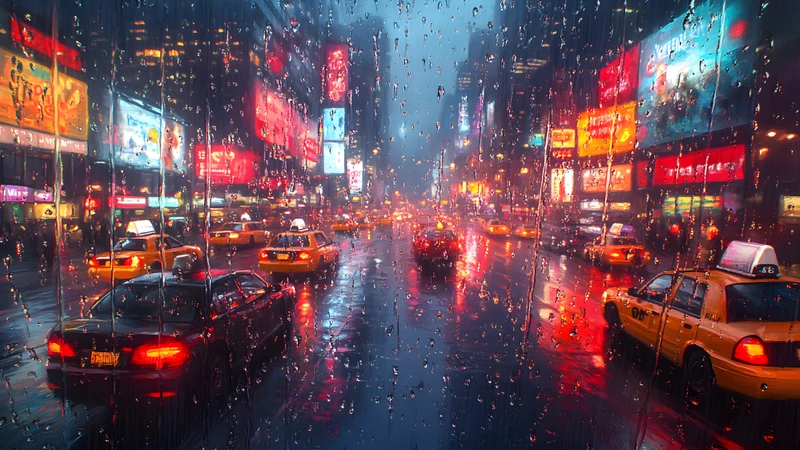 Cyberpunk Rainy Cityscape 8K Ultra HD Desktop Wallpaper