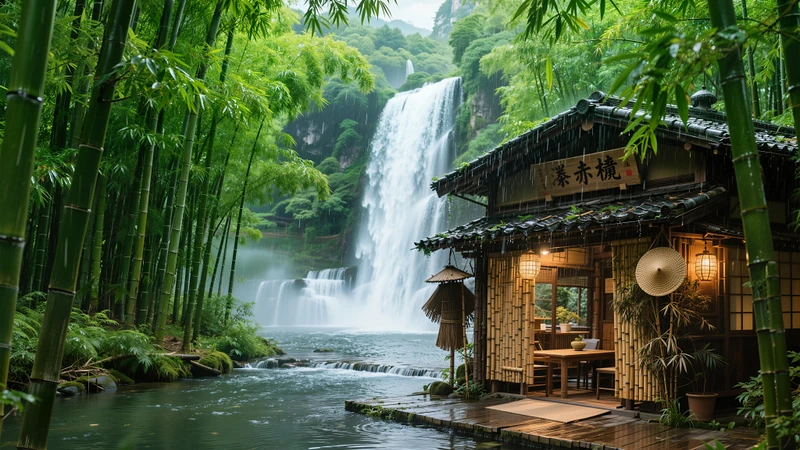 Japanese Bamboo Forest Waterfall 8K Desktop Wallpaper