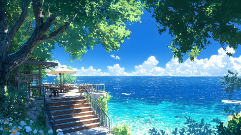 Japanese Anime Seaside Terrace 8K Ultra HD Desktop Wallpaper