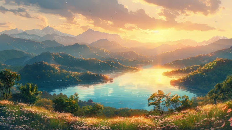 Oriental Art Mountain Lake Sunset 8K Ultra HD Desktop Wallpaper