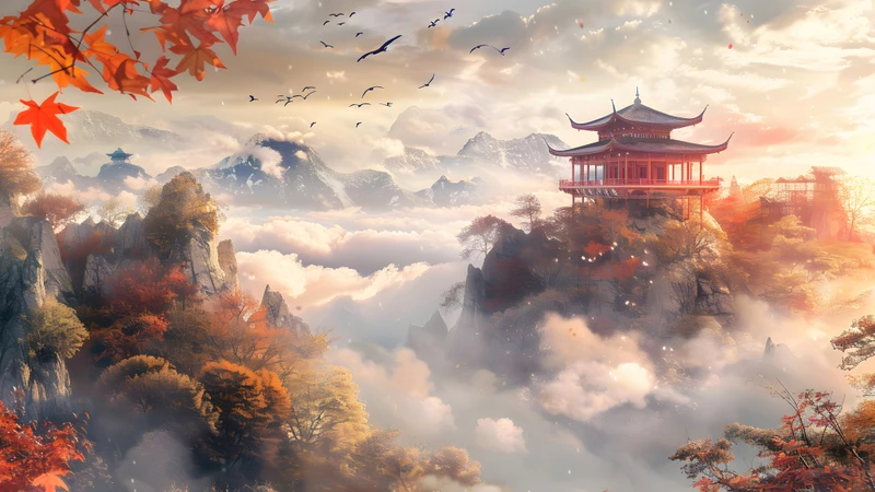 Chinese Style Maple Leaves and Mountain Landscape 8K Ultra HD Wallpaper Pack - Pack with 20 wallpapers for $1