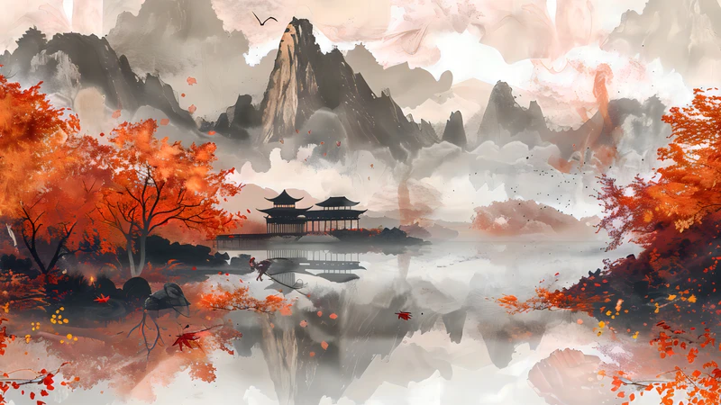 Chinese Style Autumn Landscape Mountain-Water 8K Desktop Wallpaper
