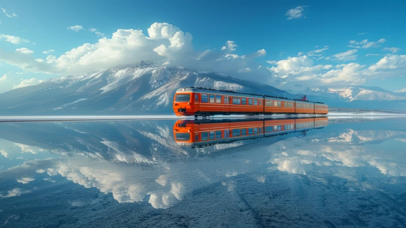 Minimalist Snow Mountain Train 8K Desktop Wallpaper