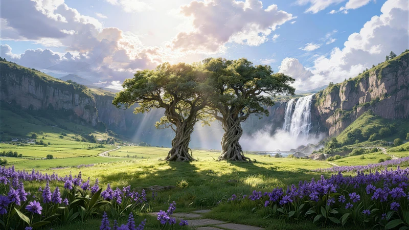 Fantasy Valley Twin Trees 8K Ultra HD Desktop Wallpaper