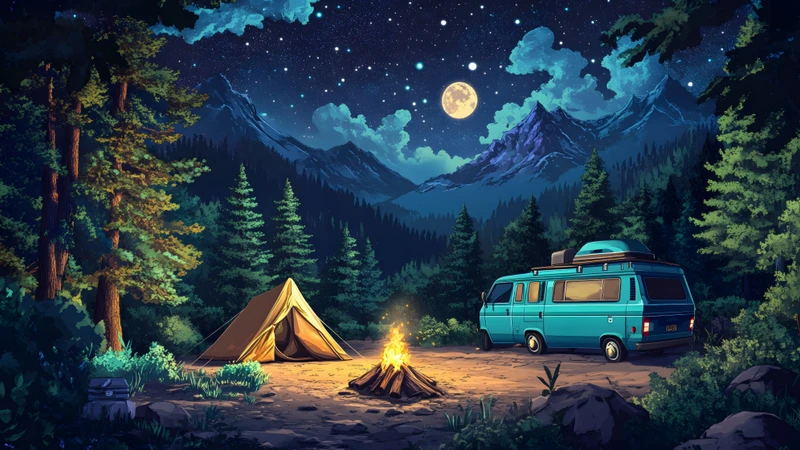 Oriental Art Mountain Campfire 8K Ultra HD Desktop Wallpaper