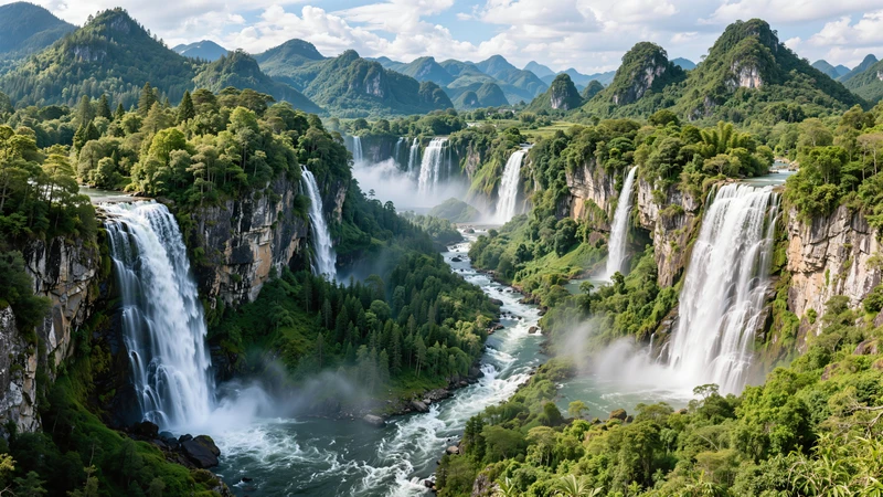 Chinese Style Waterfall Valley 8K Ultra HD Desktop Wallpaper