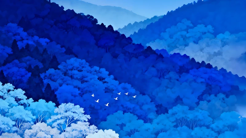 Oriental Art Blue Mountains 4K Desktop Wallpaper