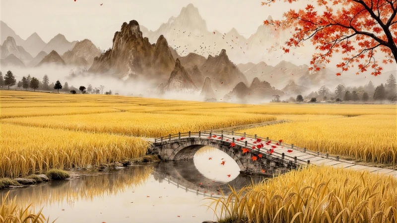 Chinese Style Autumn Rice Fields 8K Desktop Wallpaper