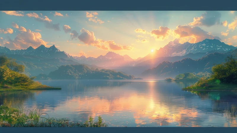 Oriental Art Mountain Lake Sunset 8K Ultra HD Desktop Wallpaper