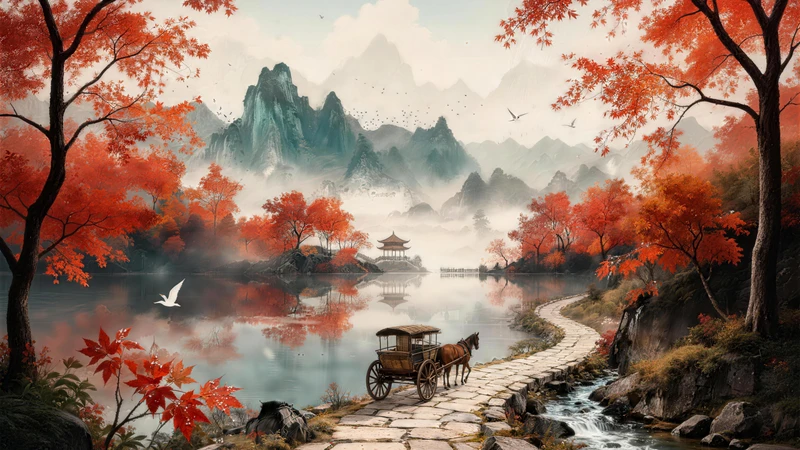 Chinese Style Autumn Landscape Mountain Lake 8K Desktop Wallpaper
