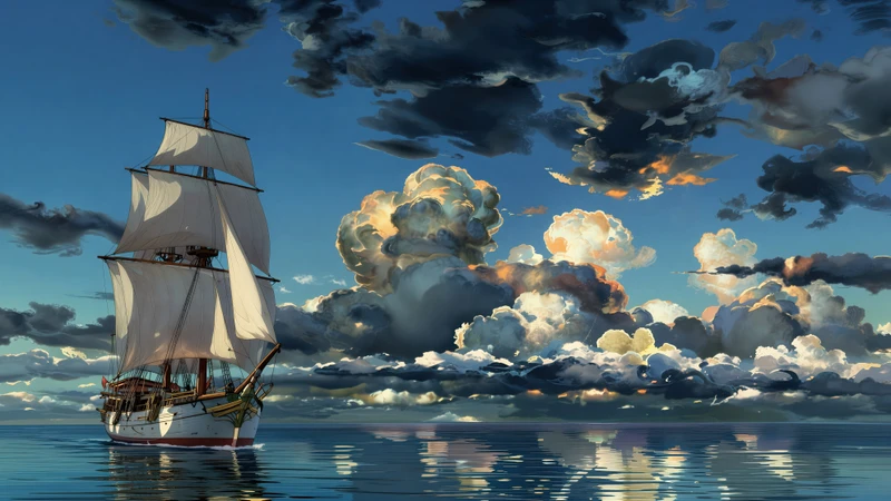 Studio Ghibli-Style Sailboat Ocean 8K Ultra HD Desktop Wallpaper