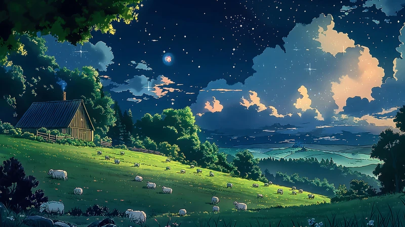 Studio Ghibli-Style Rural Night Scene 8K Desktop Wallpaper