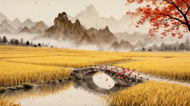 Chinese Style Autumn Rice Fields 8K Desktop Wallpaper