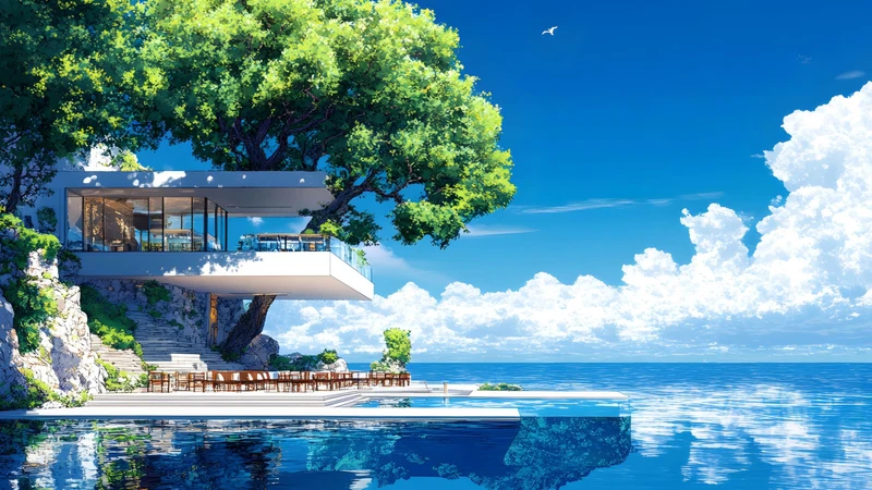 Modern Seaside Villa 8K Desktop Wallpaper