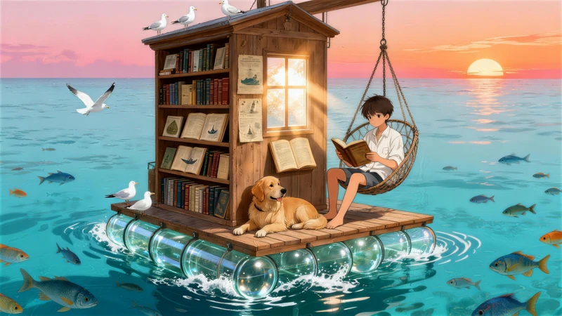 Japanese Anime Seaside Floating Bookstore 8K Desktop Wallpaper