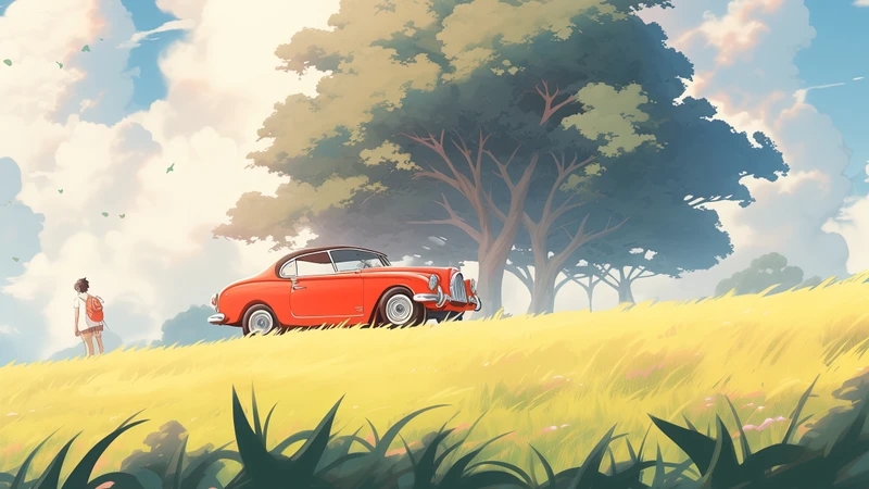 Anime Style Red Car in Golden Field 8K Ultra HD Desktop Wallpaper