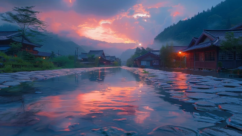 Japanese Village River Sunset 8K Ultra HD Desktop Wallpaper