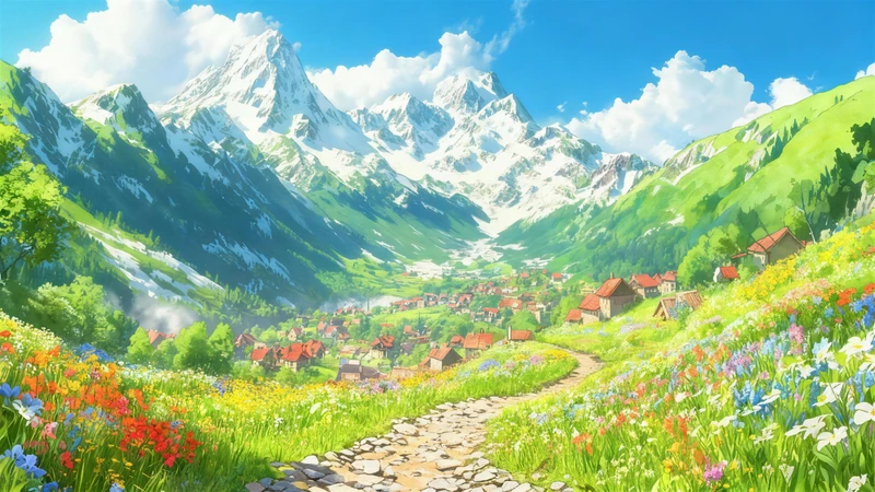 Anime-Style Snowy Mountain Valley 8K Desktop Wallpaper