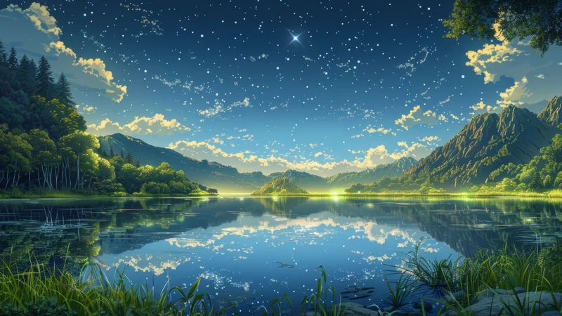 Oriental Art Starry Lake Night 8K Ultra HD Desktop Wallpaper