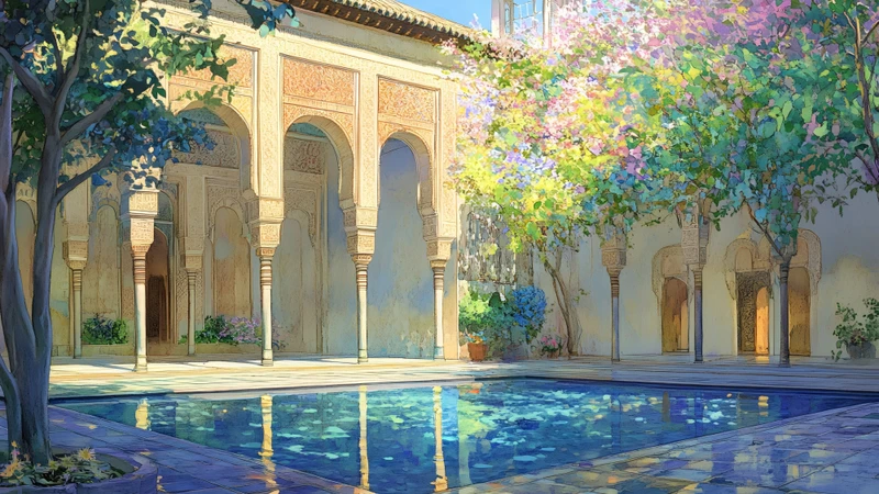 Oriental Art Courtyard Pool 8K Ultra HD Desktop Wallpaper