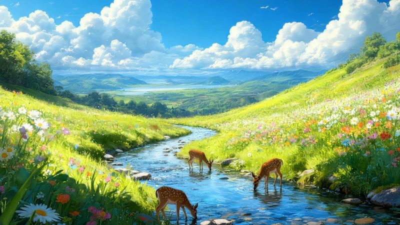 Healing Countryside Deer Herd 8K Ultra HD Desktop Wallpaper