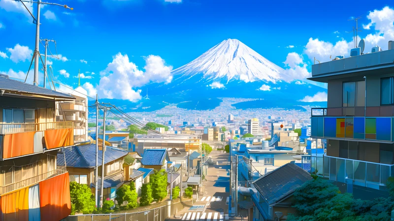 Japonské ulice s pohledem na Mount Fuji 4K 8K Ultra HD sbírka pozadí - Pack with 4 wallpapers for $1