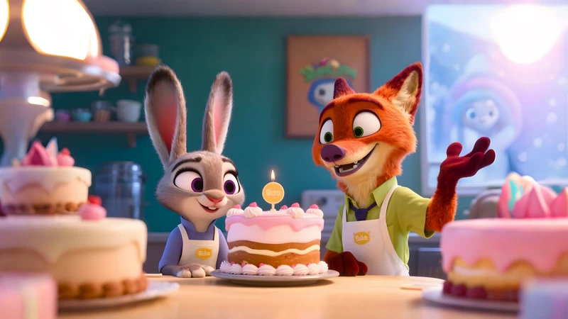 Animated Fox and Rabbit Bakery Scene 4K Desktop Wallpaper